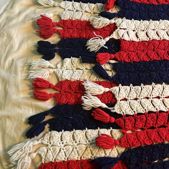 Handmade crocheted afghan red white and blue strips with tassels - Picture 6 of 10